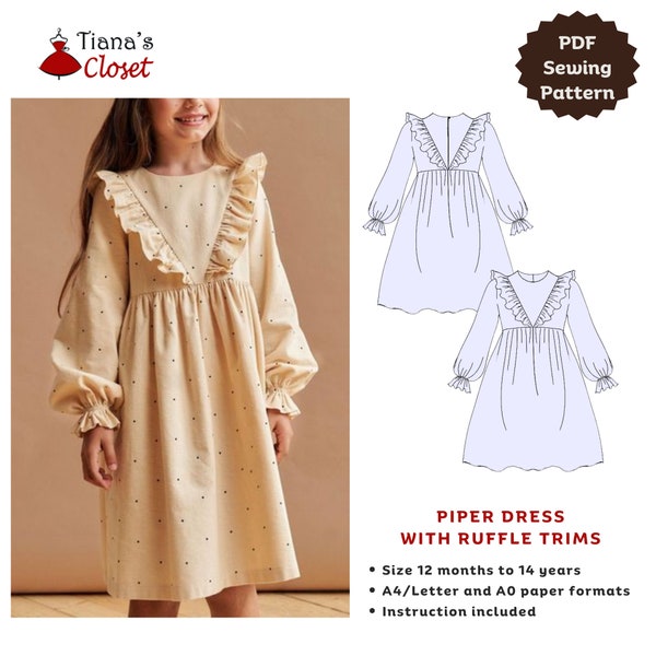 Piper dress with ruffle trims - PDF sewing pattern for kids | Digital sewing pattern for girls | Easy girl dress sewing pattern