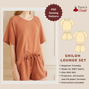 Shiloh lounge set - PDF sewing pattern | Simple knit top and elastic waist shorts | Beginner friendly digital pattern | Tiana&#39;s Closet