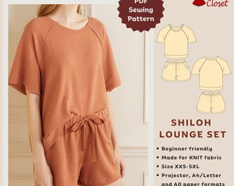 May include: A PDF sewing pattern for a lounge set called "Shiloh Lounge Set". The set includes a short-sleeved top and shorts. The pattern is beginner friendly and made for knit fabric. The pattern is available in sizes XXS-5XL and comes with instructions. The pattern is available in A4/Letter and A0 paper formats.