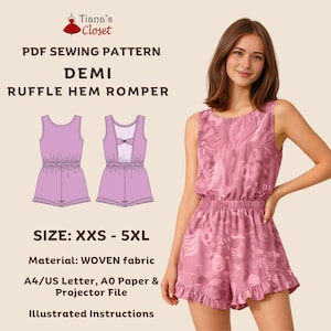 May include: A pink woven fabric romper with a ruffle hem, shown on a model and as a pattern illustration. The pattern is for sizes XXS-5XL and includes illustrated instructions. The romper has a scoop neck and elastic waist.