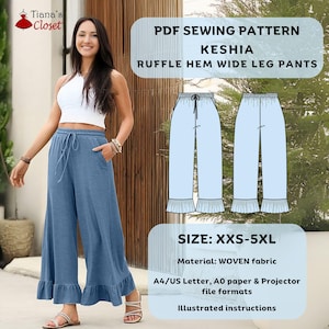 May include: A PDF sewing pattern for wide leg pants with a ruffle hem. The pattern is called "Keshia" and is available in sizes XXS-5XL. The pattern is for woven fabric and includes illustrated instructions. The pattern is available in A4/US Letter, A0 paper, and projector file formats.