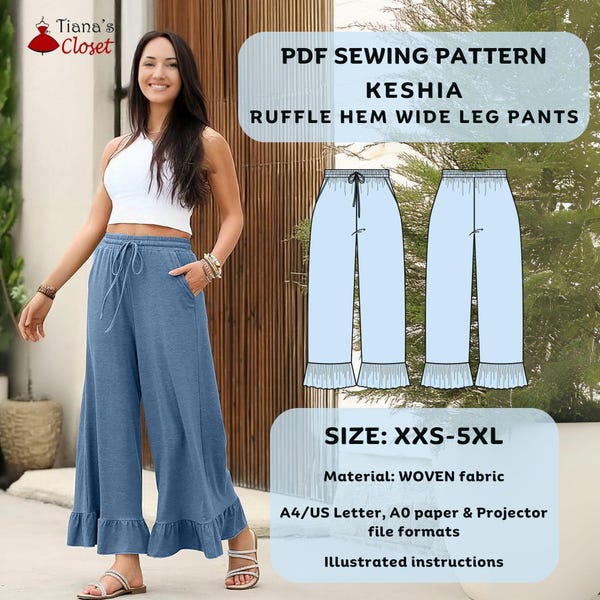 Patrón de costura para pantalón ancho con volantes Keshia, tallas XXS-5XL (descarga instantánea en PDF)