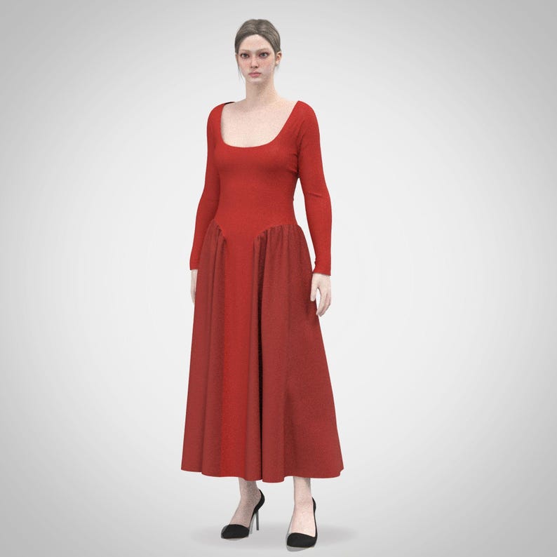 May include: A woman wearing a long, red dress with a fitted bodice and a flowing skirt. The dress has a scoop neckline and long sleeves.