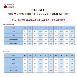 May include: A size chart for the Elijah short sleeve polo shirt from Tiana's Closet. The chart displays finished garment measurements in both centimeters and inches for sizes XXS through 5XL, including length, chest, shoulder, and sleeve length.