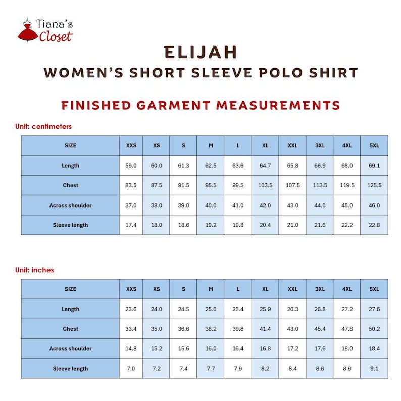 May include: A size chart for the Elijah short sleeve polo shirt from Tiana's Closet. The chart displays finished garment measurements in both centimeters and inches for sizes XXS through 5XL, including length, chest, shoulder, and sleeve length.