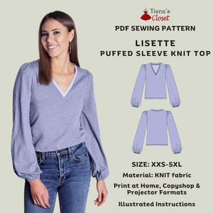 Könnte beinhalten: Eine Frau trägt ein periwinkleblaues Strickoberteil mit V-Ausschnitt und langen, gepufften Ärmeln. Das Oberteil ist Teil eines PDF-Schnittmusters namens "Lisette Puffed Sleeve Knit Top" von Tiana's Closet. Das Muster umfasst die Größen XXS-5XL und besteht aus Strickstoff.