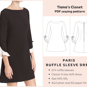 Puede incluir: Vestido negro con mangas con volantes 3/4 y un diseño clásico de corte en A. El vestido tiene un escote barco y puños con volantes blancos. La imagen también incluye un diagrama de patrón de costura con el texto "Tiana's Closet PDF sewing pattern" y "PARIS RUFFLE SLEEVE DRESS".