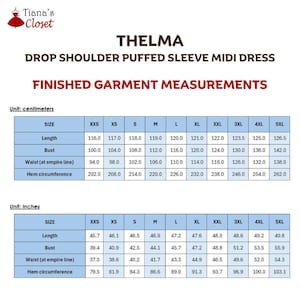 May include: A size chart for the Thelma drop shoulder puffed sleeve midi dress by Tiana's Closet. The chart displays finished garment measurements in both centimeters and inches for sizes XXS through 5XL, including length, bust, waist, and hem.