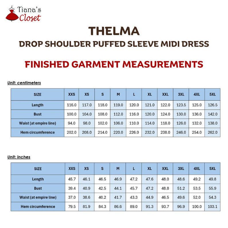 May include: A size chart for the Thelma drop shoulder puffed sleeve midi dress by Tiana's Closet. The chart displays finished garment measurements in both centimeters and inches for sizes XXS through 5XL, including length, bust, waist, and hem.