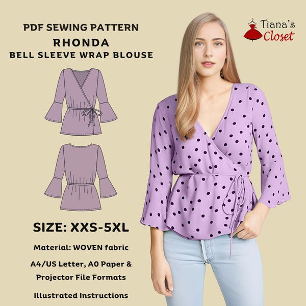 Rhonda Bell Sleeve Wrap Top Sewing Pattern: Beginner Friendly (PDF)