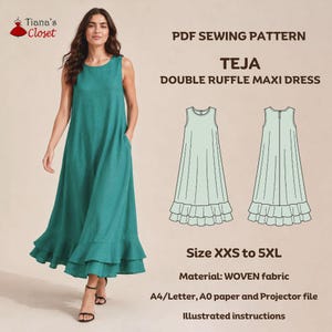 Peut inclure: Un patron de couture PDF pour la robe maxi à double volant Teja, présentant une robe sans manches bleu sarcelle avec un ourlet à deux niveaux. L'image inclut des dessins techniques de face et de dos, les tailles XXS à 5XL, et des indications pour tissu tissé, formats A4, Letter, A0, fichier projecteur et instructions illustrées.