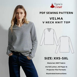 Velma V-Neck Knit Top Sewing Pattern: Women&#39;s Long Sleeve (XXS-5XL) (PDF Pattern)