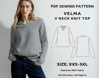Patrón de costura para blusa de punto con cuello en V Velma: manga larga para mujer (XXS-5XL) (patrón PDF)