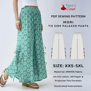 Puede incluir: Pantalones palazzo turquesa con estampado de sol y lazos laterales. La imagen también muestra un patrón de costura PDF para los pantalones palazzo "MORI" con lazos laterales, disponibles en tallas XXS-5XL. El patrón incluye instrucciones ilustradas.