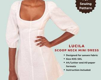 Lucila scoop neck princess seam mini dress - PDF sewing pattern | Digital sewing pattern for women | Puff sleeve dress | Tiana's Closet