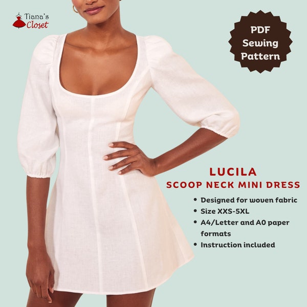 Lucila scoop neck princess seam mini dress - PDF sewing pattern | Digital sewing pattern for women | Puff sleeve dress | Tiana's Closet
