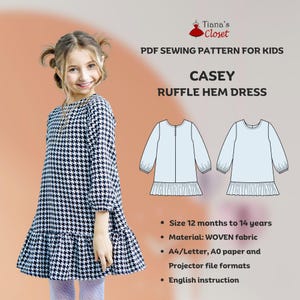 Casey ruffle hem dress - PDF sewing pattern for kids | Beginner friendly digital sewing pattern for girls | Size 12 months to 14 years old
