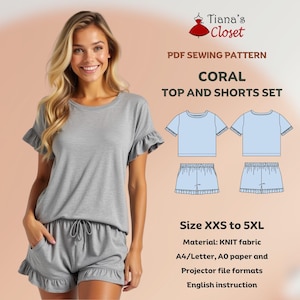 Coral ruffle top and shorts set - PDF sewing pattern | Simple sleepwear pattern | Beginner friendly sewing pattern | Tiana&#39;s Closet Patterns