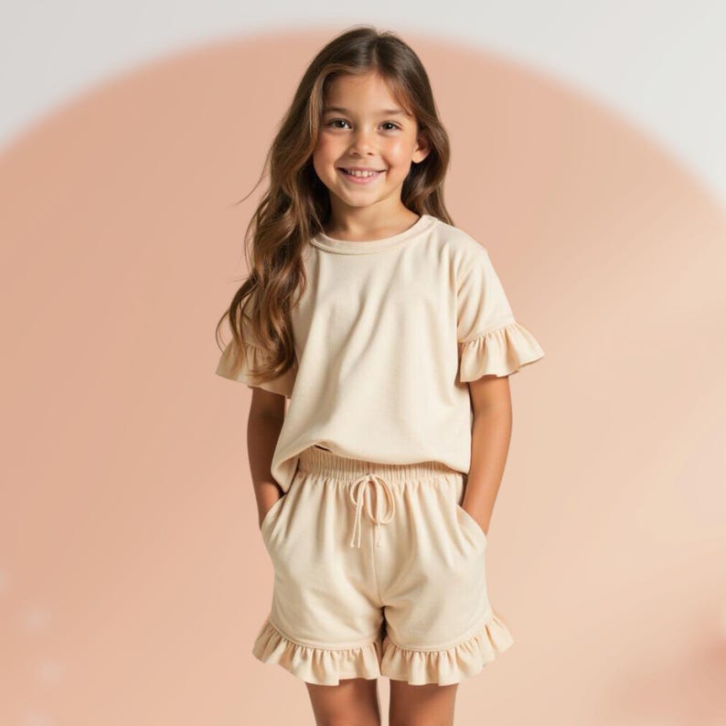 K&ouml;nnte beinhalten: Ein junges M&auml;dchen tr&auml;gt ein cremefarbenes Oberteil mit R&uuml;schen und eine passende Shorts. Das Outfit ist aus einem weichen, bequemen Stoff.