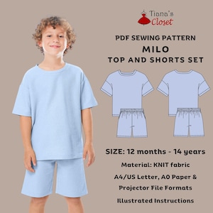 May include: A child in a light blue top and shorts set, with a matching outfit design. The image includes a PDF sewing pattern for the "Milo" set, available in sizes from 12 months to 14 years. The material is knit fabric.