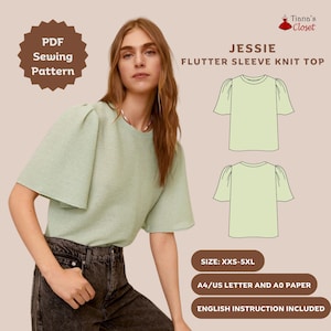 Könnte beinhalten: Eine digitale Illustration eines grünen Stricktops mit flatternden Ärmeln. Der Text "JESSIE FLUTTER SLEEVE KNIT TOP" befindet sich über der Illustration. Der Text "SIZE: XXS-5XL" befindet sich unter der Illustration. Der Text "A4/US LETTER AND AO PAPER" befindet sich unter dem Text "SIZE: XXS-5XL". Der Text "ENGLISH INSTRUCTION INCLUDED" befindet sich unter dem Text "A4/US LETTER AND AO PAPER".