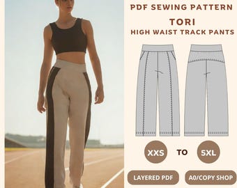 May include: PDF sewing pattern for high waist track pants called "Tori". The pattern includes sizes XXS to 5XL and is available in layered PDF, A0/copy shop, A4/US letter, and projector file formats.