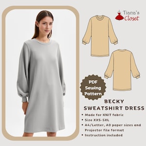 Może przedstawiać: Wzór szycia PDF na sukienkę typu sweatshirt Becky. Wzór jest przeznaczony do dzianiny i dostępny jest w rozmiarach XXS-5XL. Wzór zawiera instrukcje i jest dostępny w formatach papieru A4/Letter, A0 i formacie pliku do projektora.