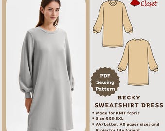 Becky Sweatshirt Dress PDF Sewing Pattern: Beginner Friendly, Plus Sizes (XXS-5XL)