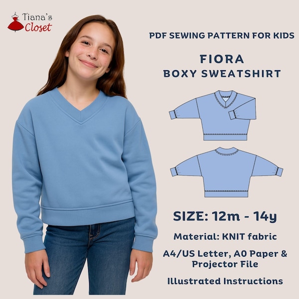 Fiora Boxy Sweatshirt PDF Sewing Pattern: Statement V neck, Drop Shoulder, Kids Size 12 Months to 14 Years