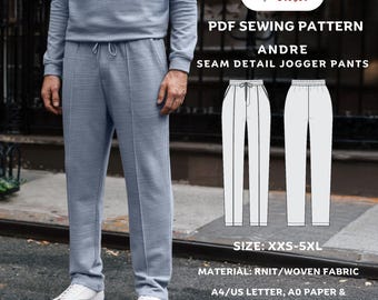 May include: PDF sewing pattern for jogger pants called "Andre" with seam detail. The pattern is available in sizes XXS-5XL and is made for knit or woven fabric. The pattern includes instructions and is available in A4/US Letter, A0 paper, and projector formats.