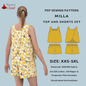Conjunto de top y short Milla - Patrón de costura en PDF / Top y short sencillos / Apto para principiantes / Talla XXS-5XL / Patrón para proyector A0 A4/Carta