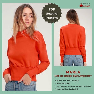 Może przedstawiać: Pomarańczowa bluza z wysokim kołnierzem, pokazana z przodu i z tyłu, z napisem "MARLA MOCK NECK SWEATSHIRT". Obraz zawiera również tekst "PDF Sewing Pattern" oraz szczegóły dotyczące wzoru, w tym rozmiary XXS-5XL.