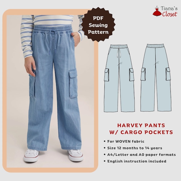 Harvey cargo elastic waist pants for kids - PDF sewing pattern | Easy sewing pattern for boys | Sewing pattern for beginner | Tiana's Closet