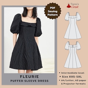Fleurie Dress Sewing Pattern: Puffed Sleeve, Square Neck (PDF Pattern)