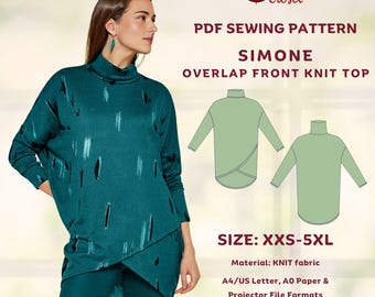 Simone Asymmetrical Knit Top Sewing Pattern: Overlap Front Design, Beginner Friendly, Inclusive Sizing (Instant Download PDF)