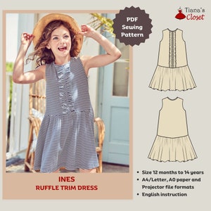 Ines ruffle trim drop waist knit dress - PDF sewing pattern for kids | Digital sewing pattern for girls | Tiana&#39;s Closet Sewing Patterns