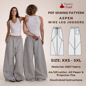 May include: Image of a PDF sewing pattern for Aspen wide-leg joggers. The pattern includes illustrated instructions and is available in sizes XXS-5XL. The material is knit fabric. Two people model the joggers in gray, wide-leg style. The text on the image says "Tiana's Closet".