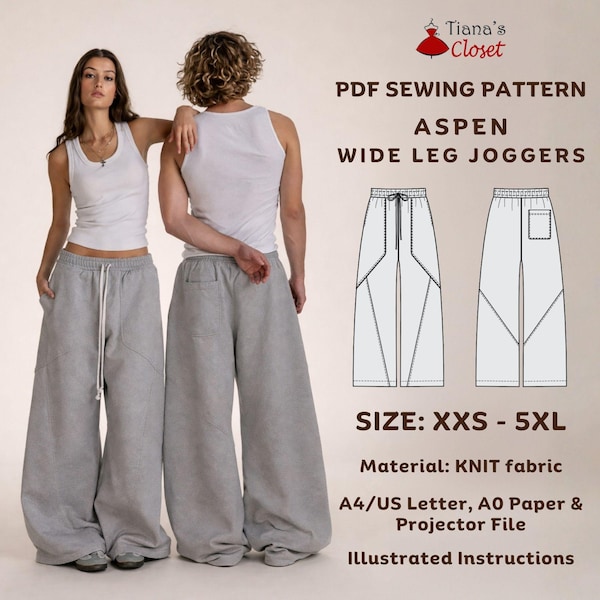 Aspen Unisex Wide Leg Pants PDF Sewing Pattern: Elastic Waist, Asymmetrical Detail, Size XXS - 5XL, Print At Home / Copy Shop / Projector