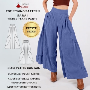 May include: Blue tiered flare pants with pockets, shown on a model. The image also includes a PDF sewing pattern for the Sarai pants, with the text "Petite Sizes" and "Size: Petite XXS-5XL". The pattern is for woven fabric and includes illustrated instructions.