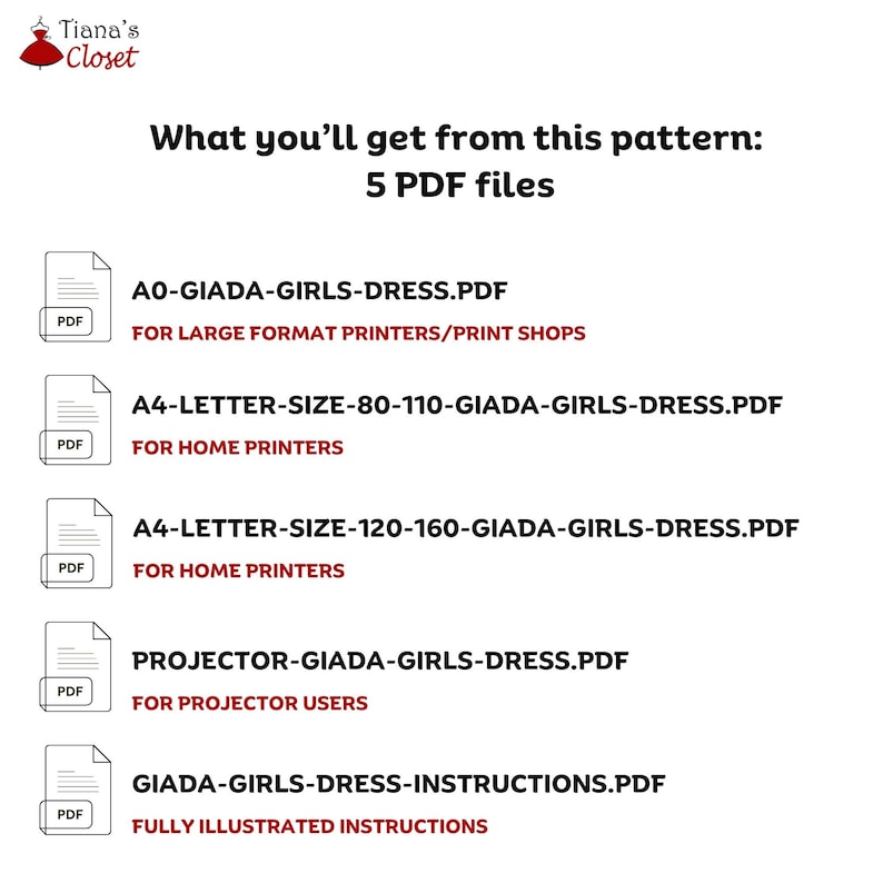May include: A digital download of a sewing pattern for a girl's dress. The pattern comes in five PDF files, including instructions and different sizes for various printers.