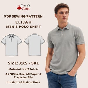 Peut inclure: Un patron de couture PDF pour le polo Elijah de Tiana's Closet, incluant un polo gris, des dessins techniques du devant et du dos, une gamme de tailles du XXS au 5XL, des besoins en tissu maille et des formats A4, US Letter et A0.