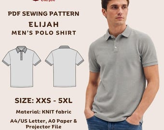 Molde em PDF para camisa polo masculina Elijah: peça clássica e atemporal para uso casual, tamanhos do XXS ao 5XL, imprima em casa, em uma gráfica ou com um projetor.