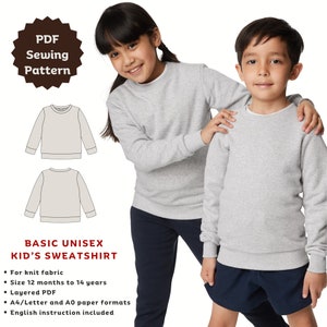 Op de afbeelding: Een PDF-naai-patroon voor een basic unisex kindertrui. Het patroon bevat instructies voor maten van 12 maanden tot 14 jaar en is beschikbaar in A4/Letter en A0 papierformaten. Het patroon is gelaagd voor eenvoudig afdrukken.