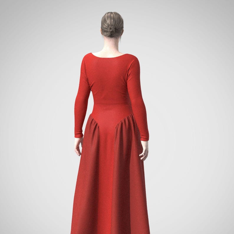 May include: A long-sleeved, red dress with a fitted bodice and a flowing skirt. The dress has a scoop neckline and a simple design.