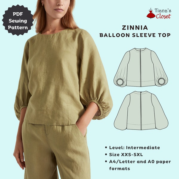 Zinnia balloon sleeve top | Digital sewing pattern for women | Printable PDF sewing pattern | Tiana's Closet sewing patterns
