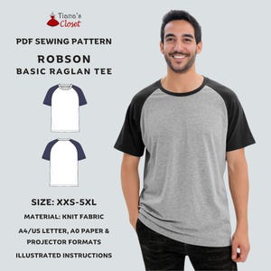 Op de afbeelding: Een grijs raglan-T-shirt met zwarte mouwen wordt getoond. De afbeelding bevat een PDF-naaipatroon voor een basic raglan-T-shirt, met maten van XXS tot 5XL. Het patroon is voor tricotstof en bevat geïllustreerde instructies.