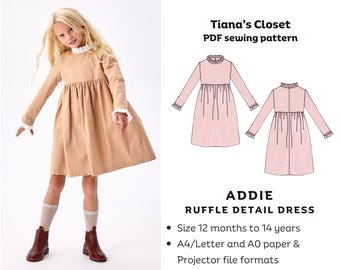 Addie Ruffle Dress Sewing Pattern: Instant Download, Layered PDF, Sizes 12mo-14y, A0/Copy Shop and A4/US Letter Paper Formats