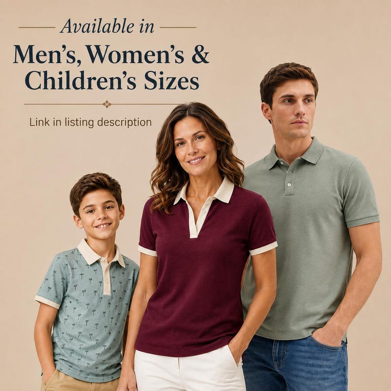 May include: A light blue polo shirt with a palm tree pattern, a deep burgundy polo shirt with a cream collar, and a sage green polo shirt. Text reads: Available in Men's, Women's & Children's Sizes. Link in listing description.