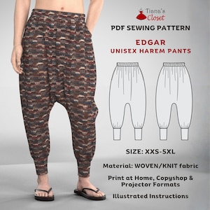 May include: A person wearing patterned harem pants. The pants are brown, red, and tan. The image also includes a PDF sewing pattern for "Edgar Unisex Harem Pants" in sizes XXS-5XL. The pattern is for woven/knit fabric.