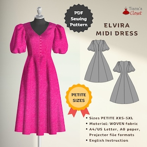 May include: A digital sewing pattern for a midi dress with puffed sleeves. The pattern is available in petite sizes XXS-5XL and includes instructions for sewing the dress in woven fabric. The pattern is available in A4/US Letter, A0 paper, and projector file formats.